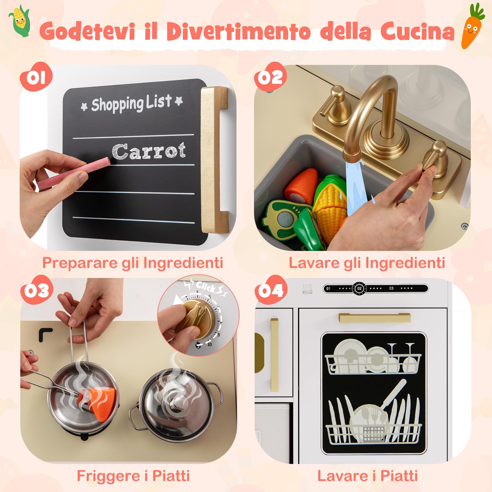 COSTWAY Cucina Giocattolo con Macchina del Ghiaccio e Microonde con Luce, Cucina per Bambini in Legno con 2 Lavagne, Lavandino e Cassetto in Tessuto, Set Cucina con 9 Accessori, 86 x 27 x 83 cm