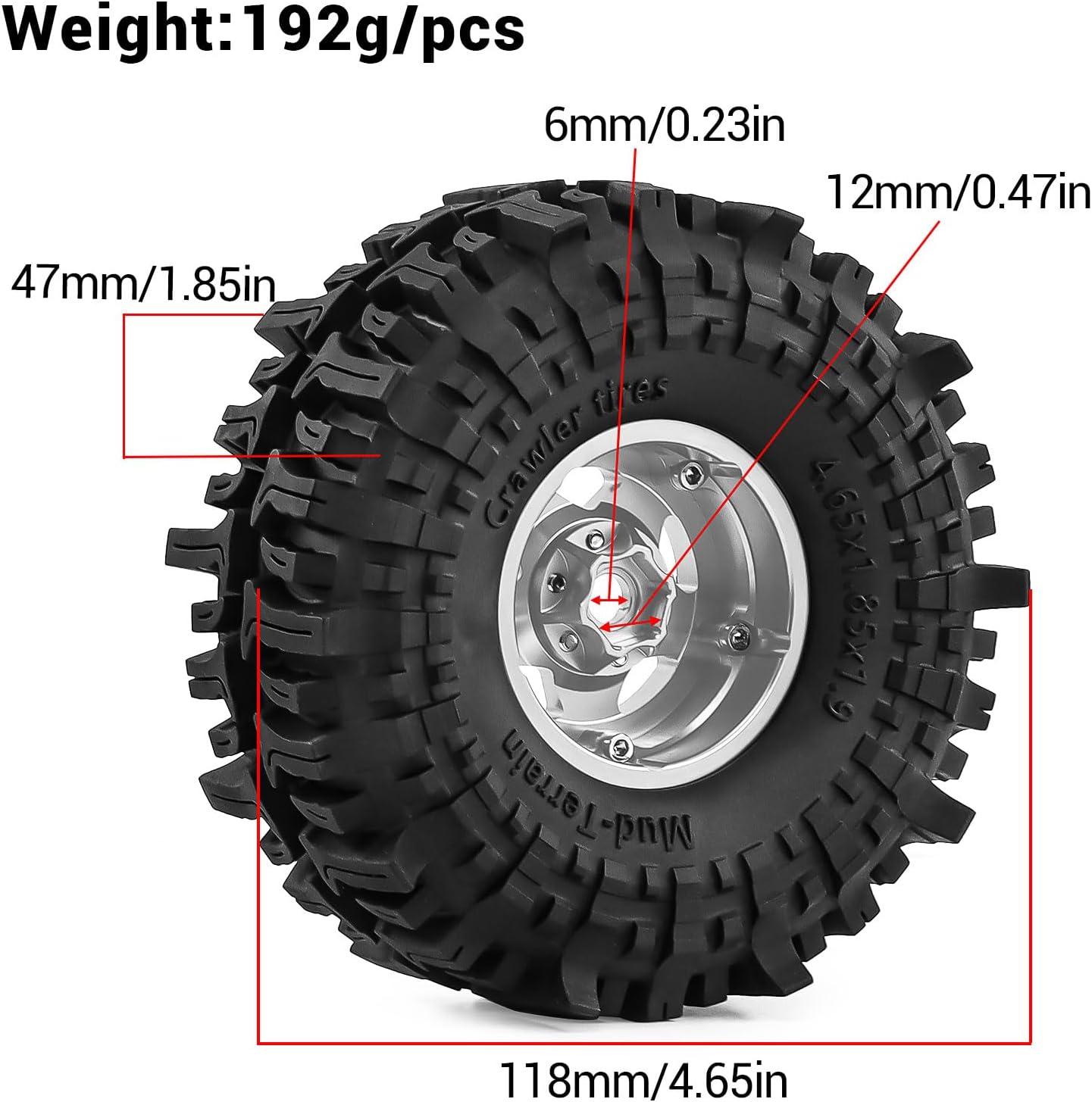 1.9" Pre-Assembled Beadlock Wheels and Tires 118mm (4.65in) for SCX10 TRX4 1/10 RC Crawlers – Aluminum Rims, Soft Rubber Tires with Foam Inserts, Easy-Install Upgrade Parts (Silvery)