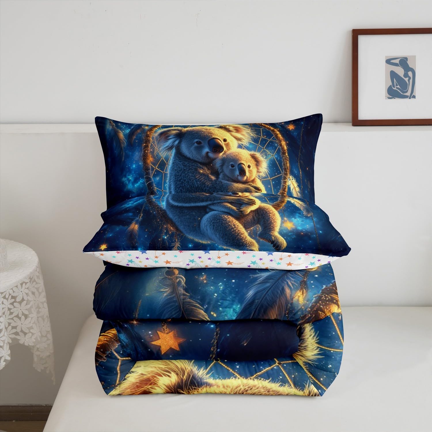 Erosebridal Koala Comforter Set Dream Catchers Quilt Bed Set,Boho Feather Galaxy Stars Twin Bedding Sets for Girls,Safari Animals Duvet Insert,Exotic Bohemian Decor