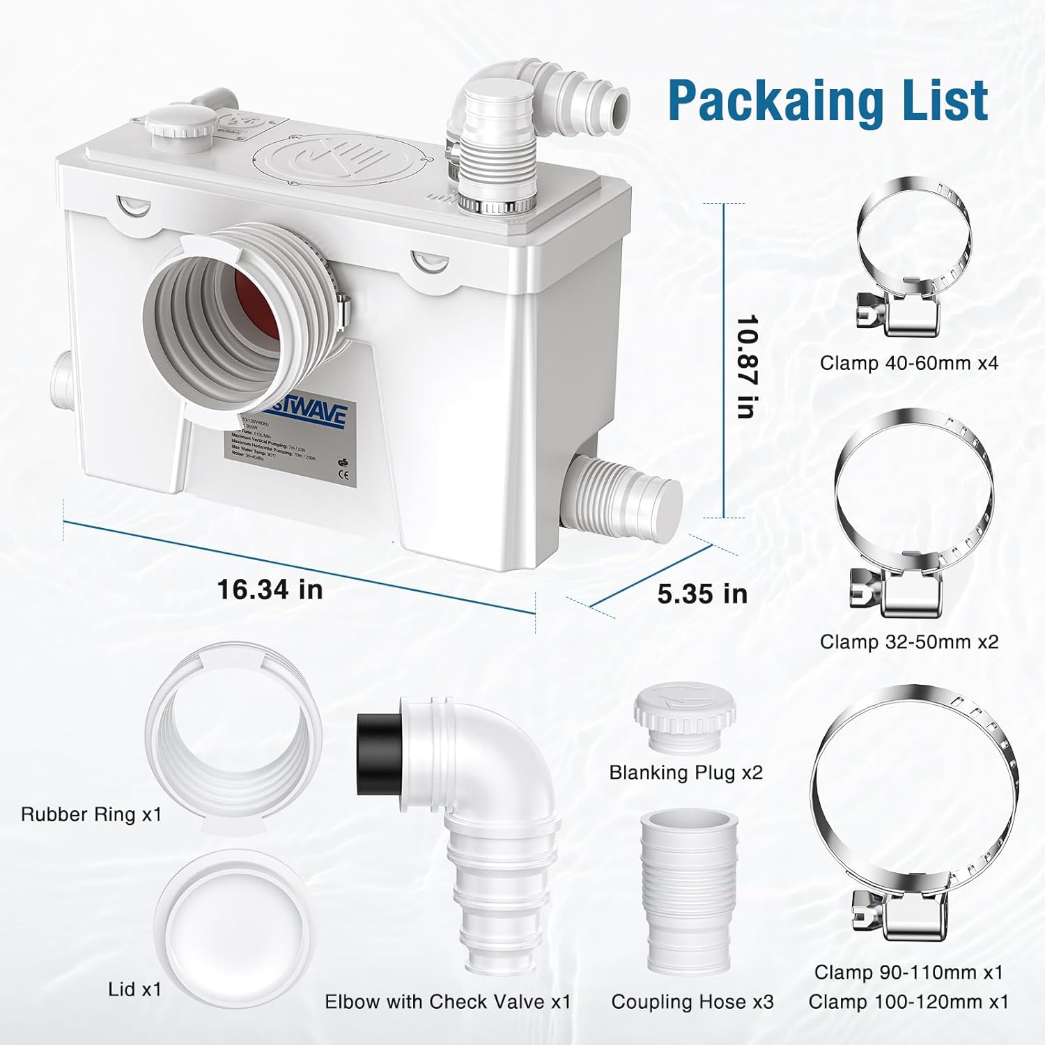 CrestWave 500W Macerator Pump, Heavy Duty Upflush System with 4 Water Inlets, 20L/M Flow, Perfect for Sink Toilet Basement Kitchen Shower Bathtub Laundry Waste Water in Homes, Off-Grid Sewage, Boat RV