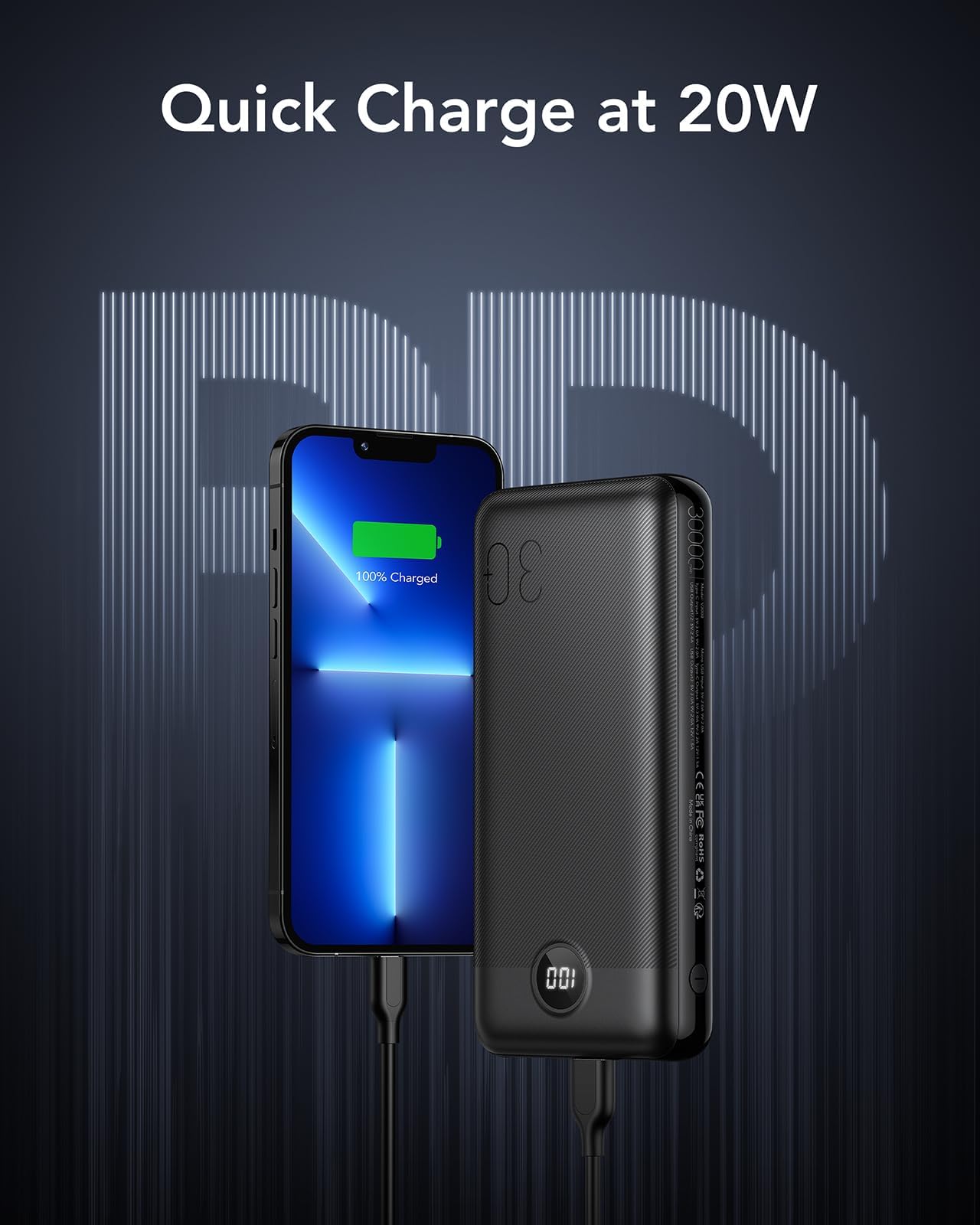 VEGER Batterie Externe 30000mAh, PD20W QC3.0 Power Bank Charge Rapide 4 Sorties et 2 entrées Chargeur Portable avec Affichage LED Compatible avec iPhone/Huawei/Android, etc.