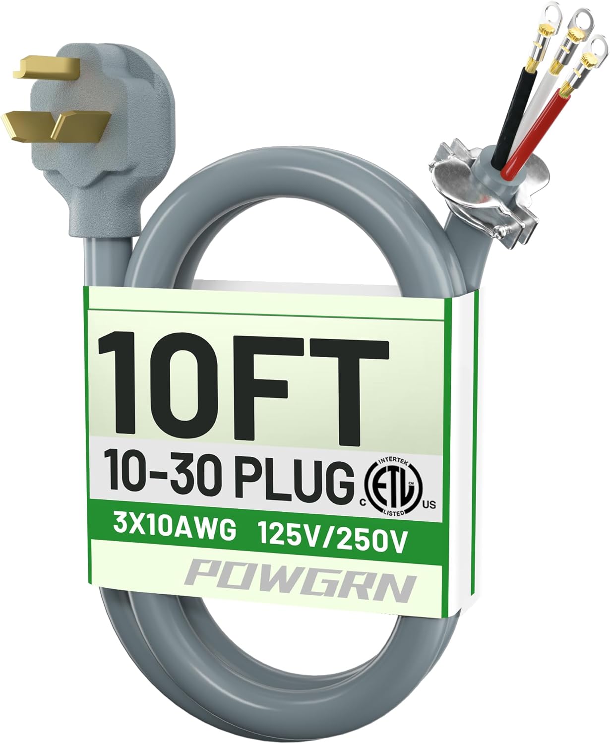 30 Amp 3 Prong Dryer Cord 10 FT Gray, 10 Gauge Appliance Dryer Power Cord NEMA 10-30P to 3-Wire Appliance Cord, Pure Copper Wire, Dryer Plug 3 Prong, ETL Listed