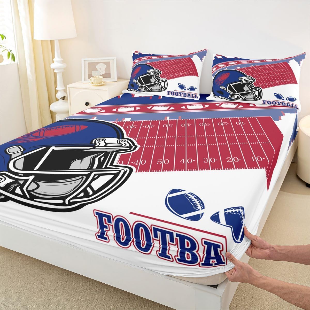 Erosebridal Football City Bedding Set Twin Rugby Football Fans Sheet Set Gifts for Boys Teen,Sports Rugby Gaming Kids Bed Sheets Red Navy Blue Fitted Bed Sheets,3 Pcs
