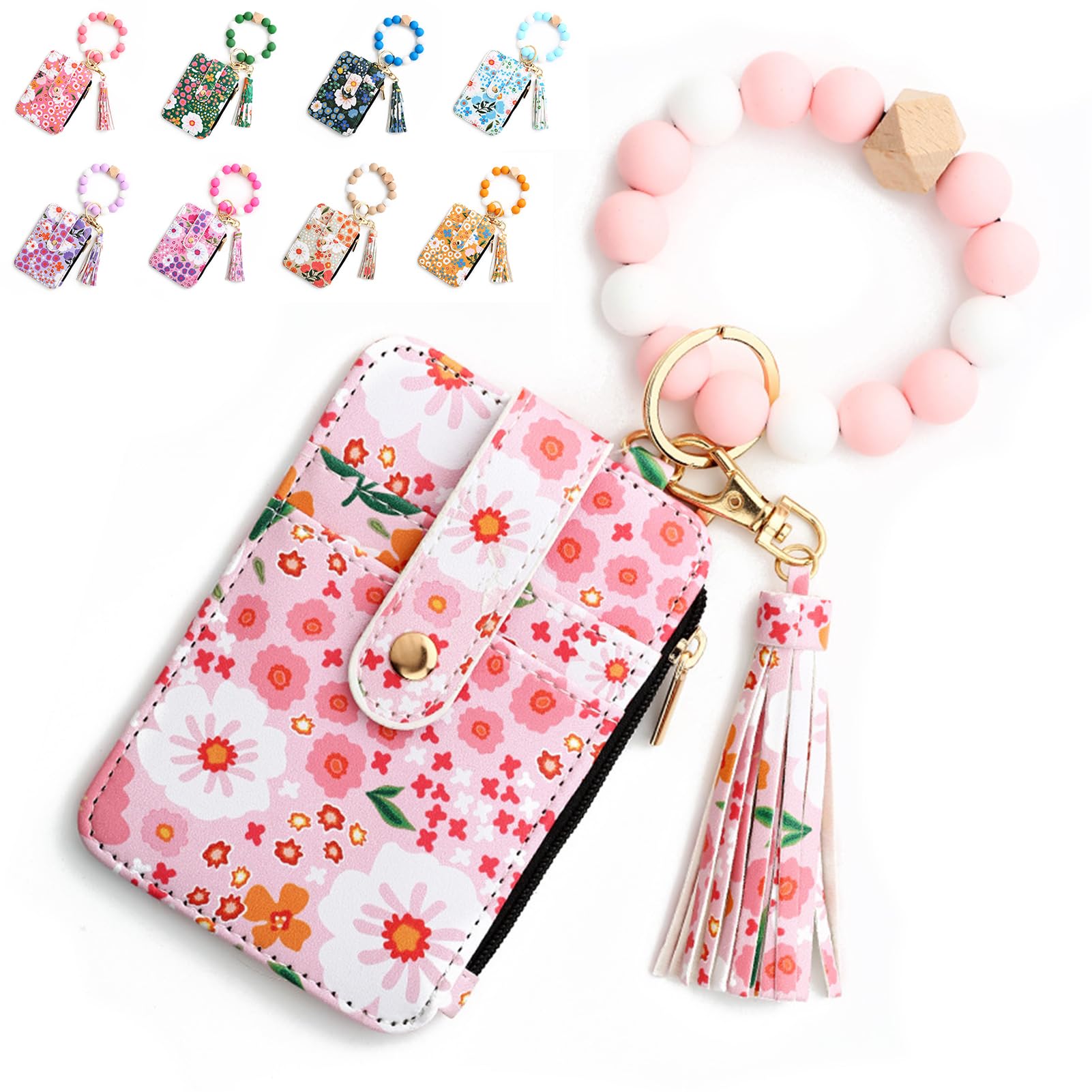 Wristlet Bracelet Keychain Credit Card Holder Purse, Zip Slim Wallet,Tassel Silicone Beaded Bangle Key Ring Wallet for Women
