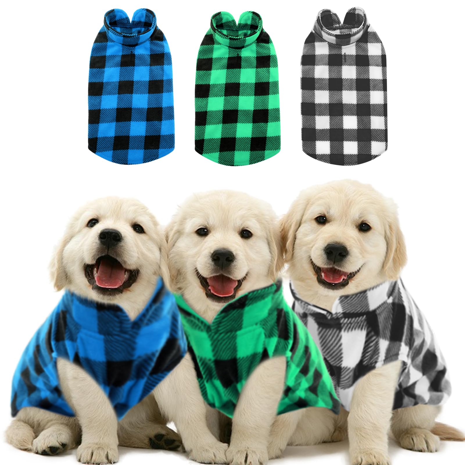 Kama Bridal 3 Pack Dog Coat - Spring, Autumn, Winter - Fleece Vest for Cats & Small/Medium Dogs - Blue, Green, Black Plaid (XS)