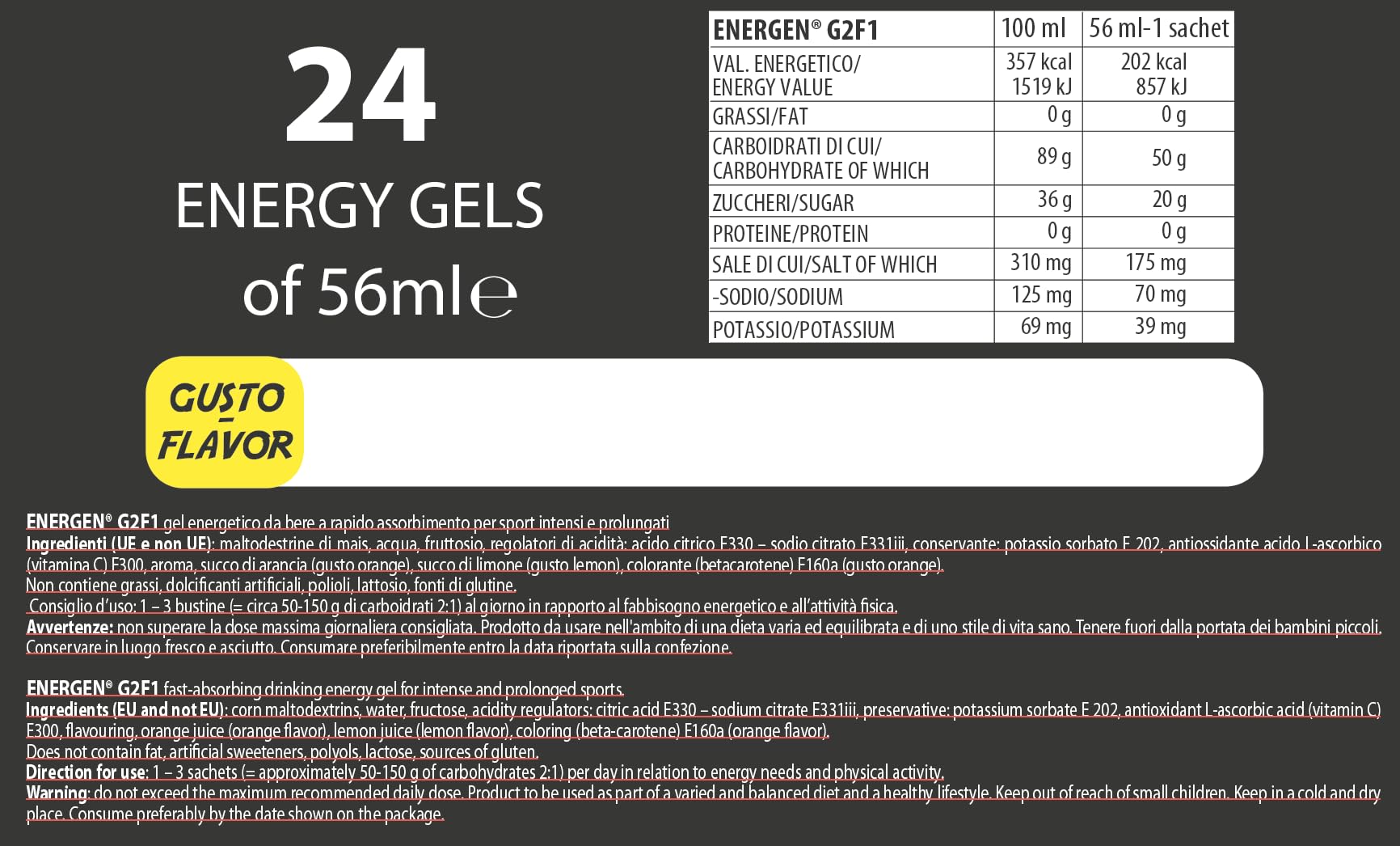 Volchem Energen G2F1, Gel Energetico con Maltodestrine, Glucosio e Fruttosio, Contiene Sodio e Potassio (Arancia) 24 buste (Orange)