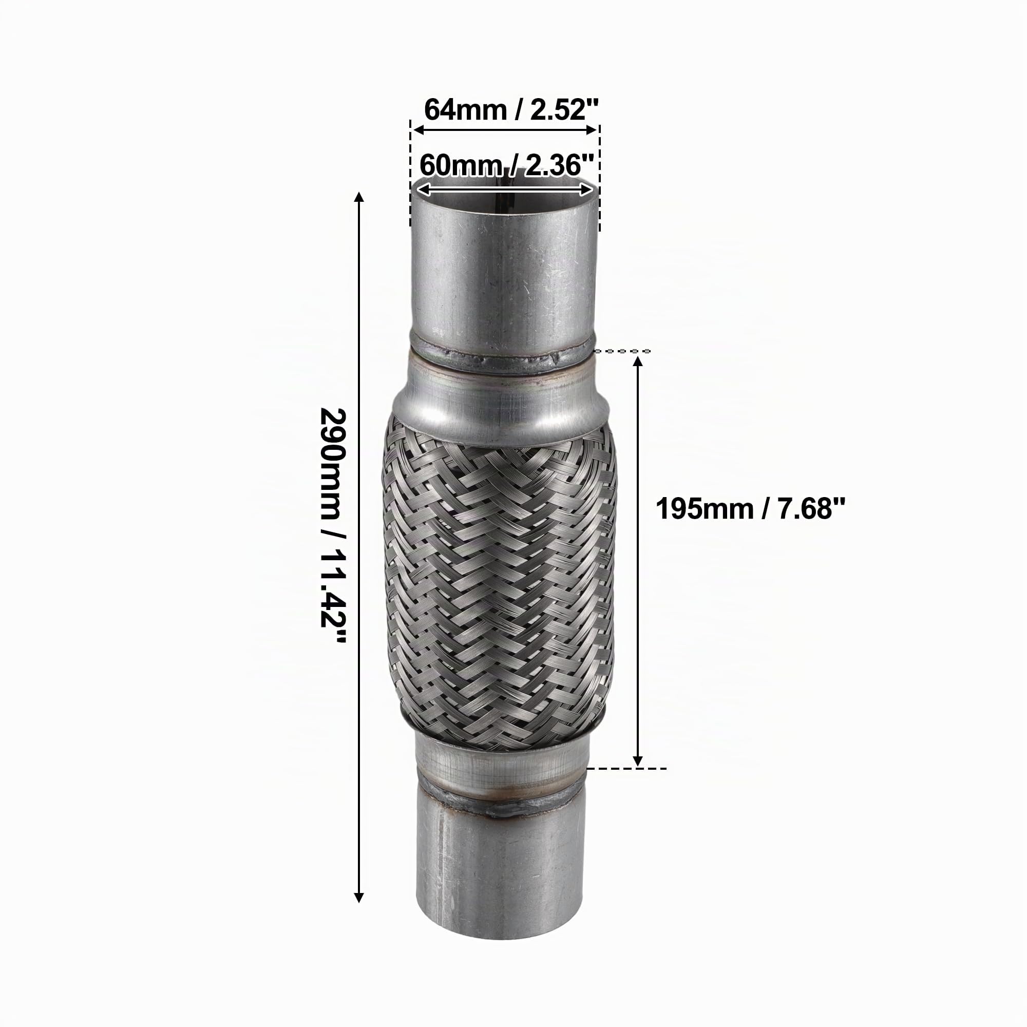 QUARKZMAN 1 Stk 60x290mm Universaler Kfz-Auspuff-Flexschlauch Silberfarben | 60mm Innen-Durchmesser, 64mm Außen-Durchmesser, 290mm Gesamtlänge, Universell, Schweißeinbau, Vibrationsisolierung