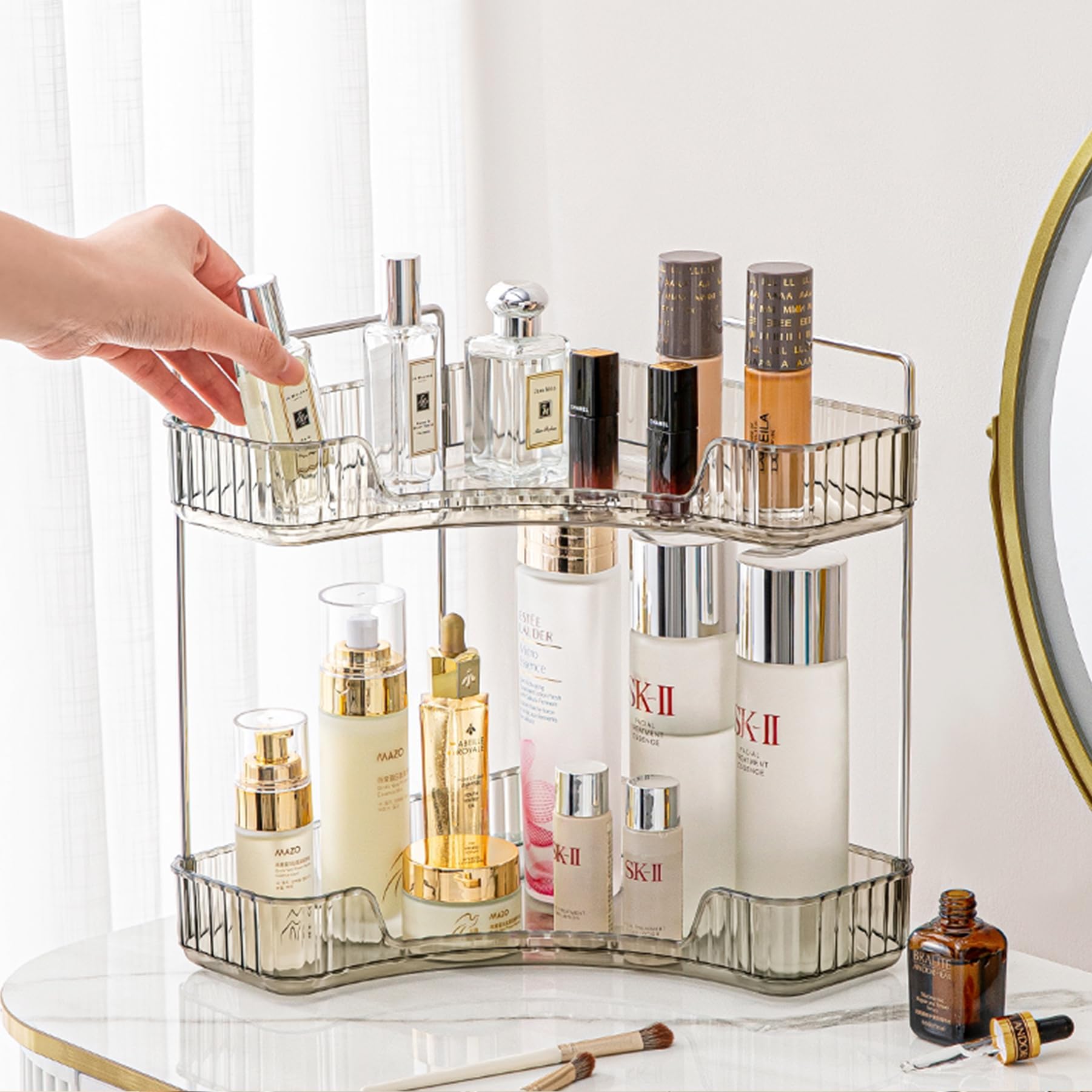 OSHIMA Bathroom Counter Organizer Corner Storage Shelf Counter Standing Rack Tiered Tray Vanity Organizer Corner Bathroom Organizer for Vanity Perfume Tray for Corner Storage (2 Tiers)