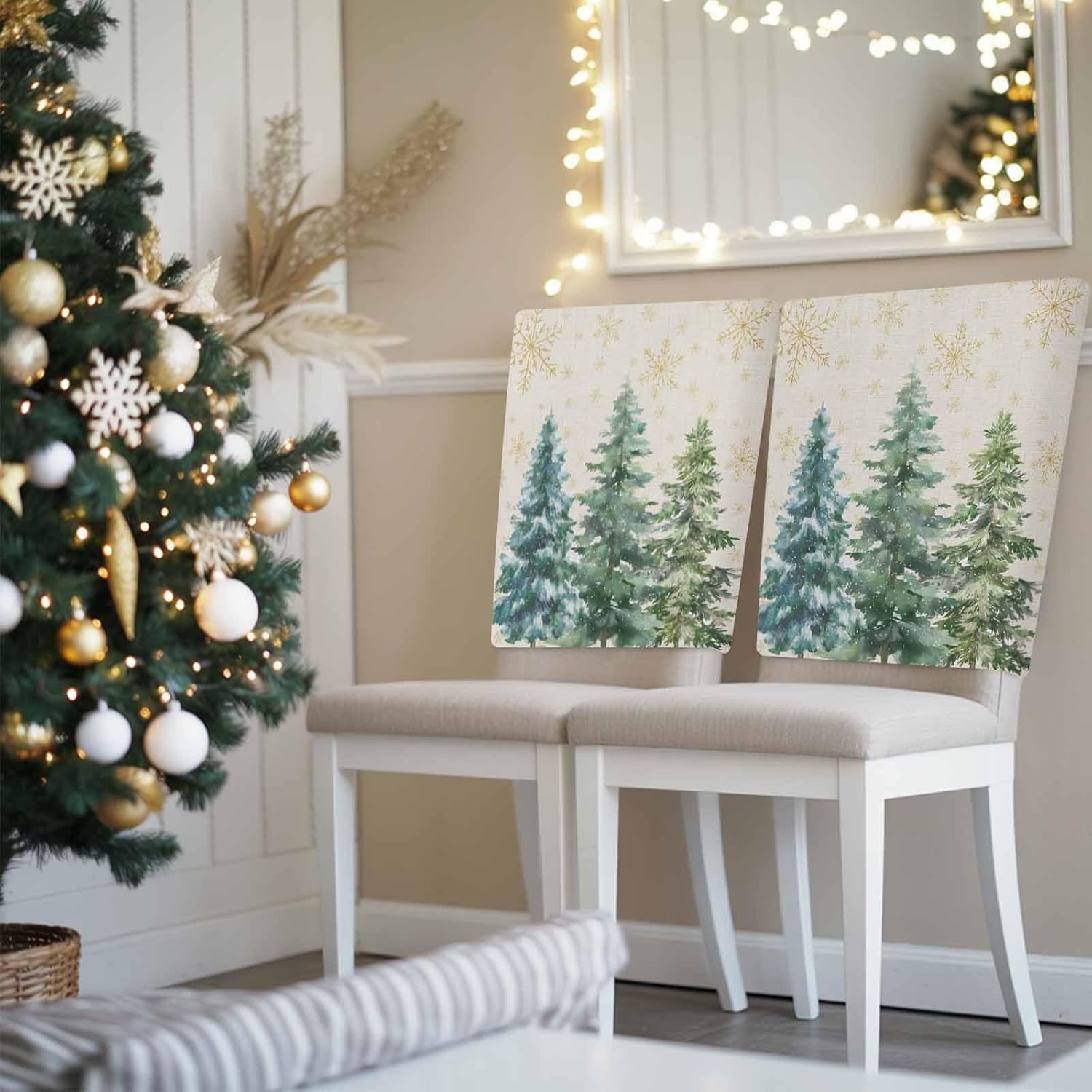 Green Christmas Tree 4 Packs Dining Chair Back Cover, Green Xmas Tree Snowflake Rustic Decorative Kitchen Dinner Chair Seat Covers Chair Slip Covers, Slipcovers Protect for Dinning Room