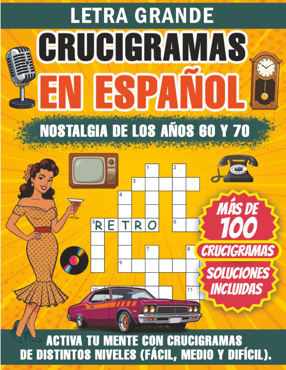 Crucigramas en Español para Adultos. Letra Grande.: Años 60 y 70
