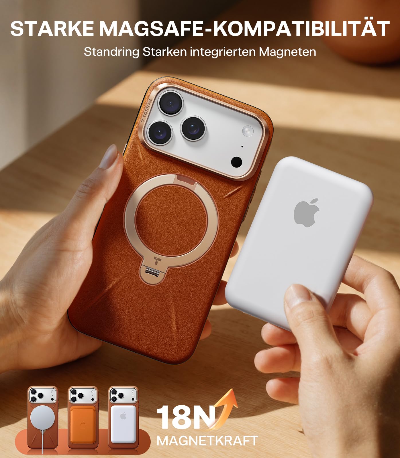 TORRAS Ostand Q3 VegSkin für iPhone 17 Pro Max Hülle (Nachhaltig Silikonleder) (360° Magnetischer Unsichtbarer Ständer) Premium Haptik Langlebig Hülle iPhone 17 Pro Max Case Edle Lederstruktur Braun