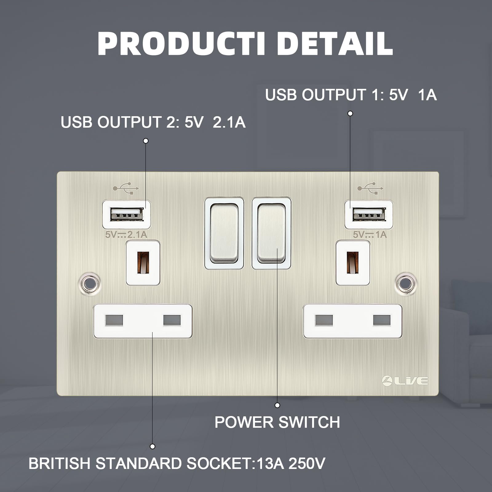 L LVE USB Switched Electric Outlet, Metal Clad 2Gang 13A Wall Socket with 2USB Port,Polished Brass,146mm*86mm - Image 3
