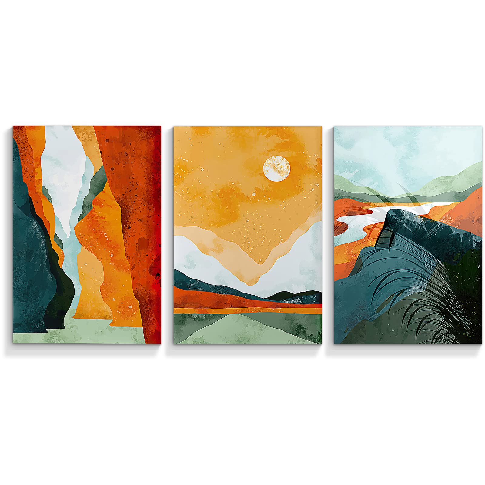 XMJJQQ 3 lienzos de 40,6 x 61 cm sin marco, arte de pared colorido abstracto de paisaje de la naturaleza, póster minimalista geométrico de paisaje de cañón y lago, pintura de impresión bohemia con