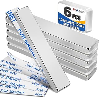 MIKEDE 6-Pack Strong Neodymium Bar Magnets with Adhesive Backing - 60x10x3mm Heavy Duty Rare Earth Fridge Magnets for Crafts, Tools & DIY (Silver)