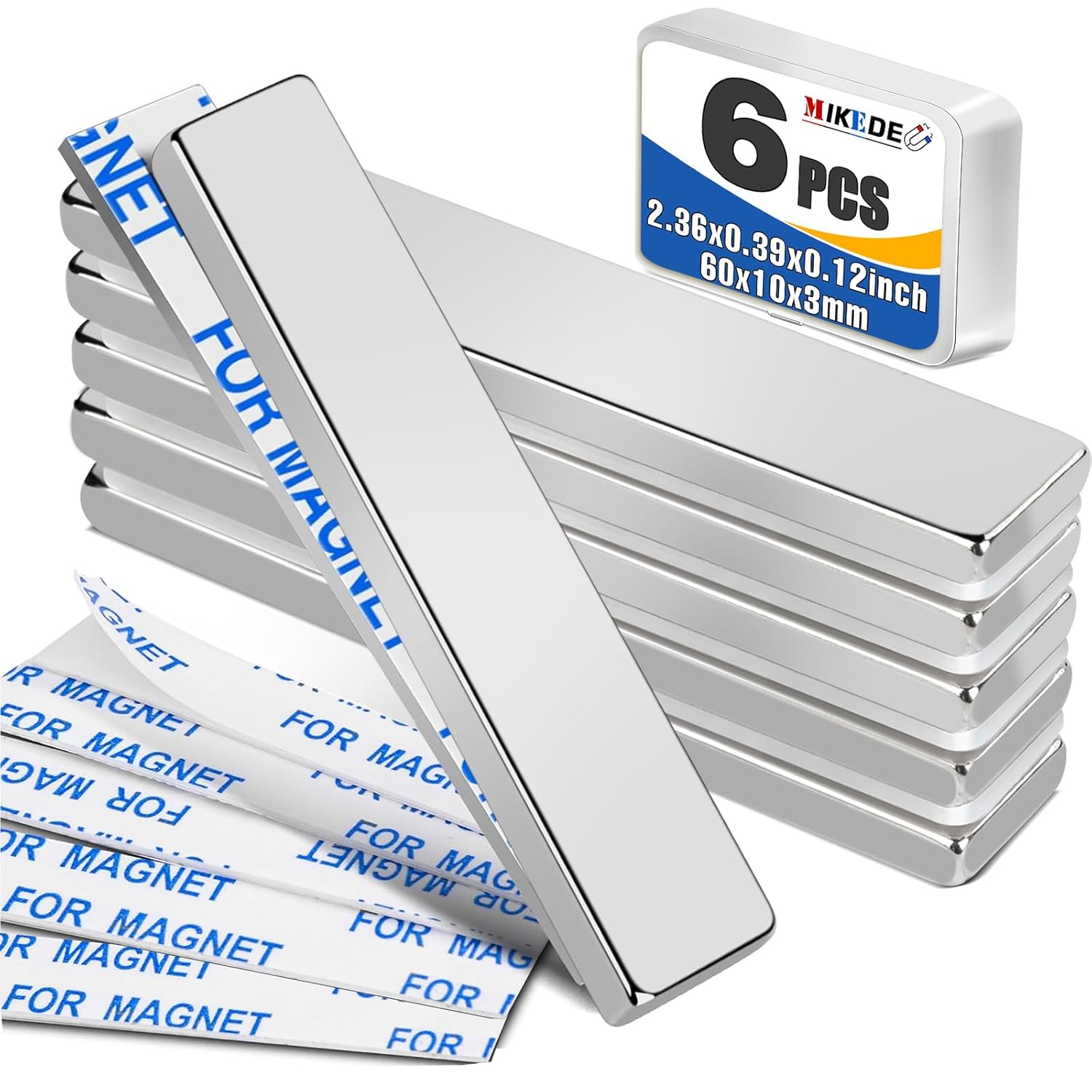 MIKEDE 6-Pack Strong Neodymium Bar Magnets with Adhesive Backing - 60x10x3mm Heavy Duty Rare Earth Fridge Magnets for Crafts, Tools & DIY (Silver)