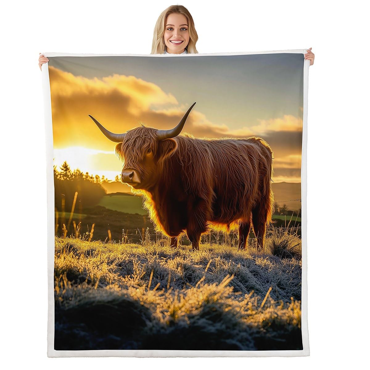Homemissing Highland Cattle Fleece Throw Blanket Single 50x60Inch Size For Kids Boys Girls Teens Highland Cow Sherpa Blanket For Sofa Bed Couch Natural Theme Bedroom Decor