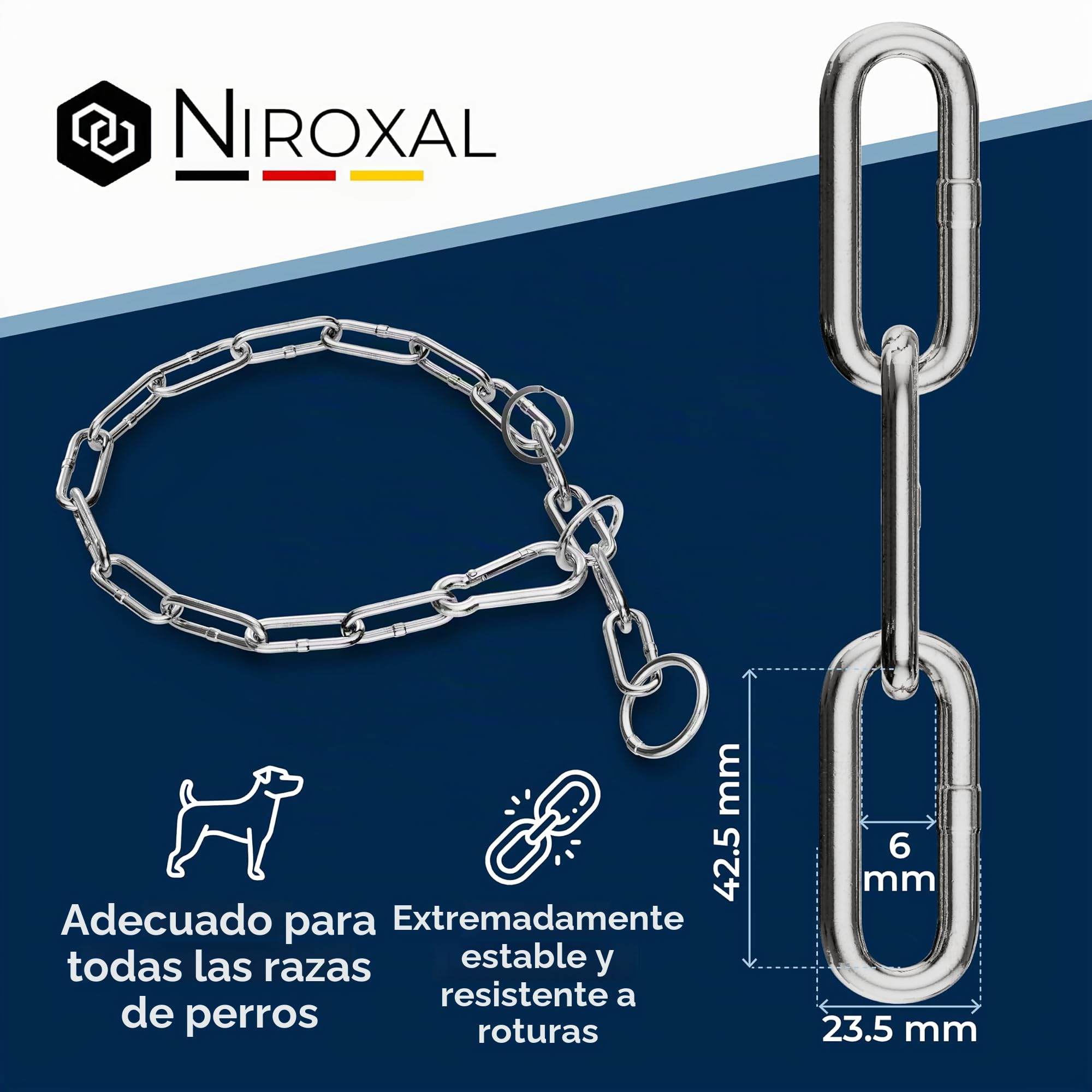 Collar de Cadena para Perro de Acero Inoxidable con limitador de Ajuste – eslabones Largos – 6 mm x 78 cm