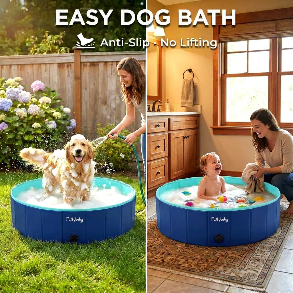 Furrybaby Dog Pool, Kiddie Pool with Hard Plastic Foldable Dog Bath Tub Portable for Dogs, Kids and Pet Swimming (Navy 39'') Indoor and Outdoor