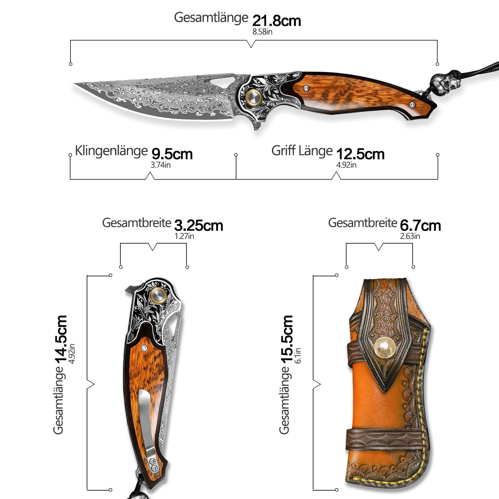 Handgefertigtes Taschenmesser aus Damaszenerstahl, Unisex-Klappmesser mit Lederscheide und Taschenclip, mit rutschfestem Holzgriff. Ideal für Outdoor-Abenteuer und als EDC-Campingmesser.
