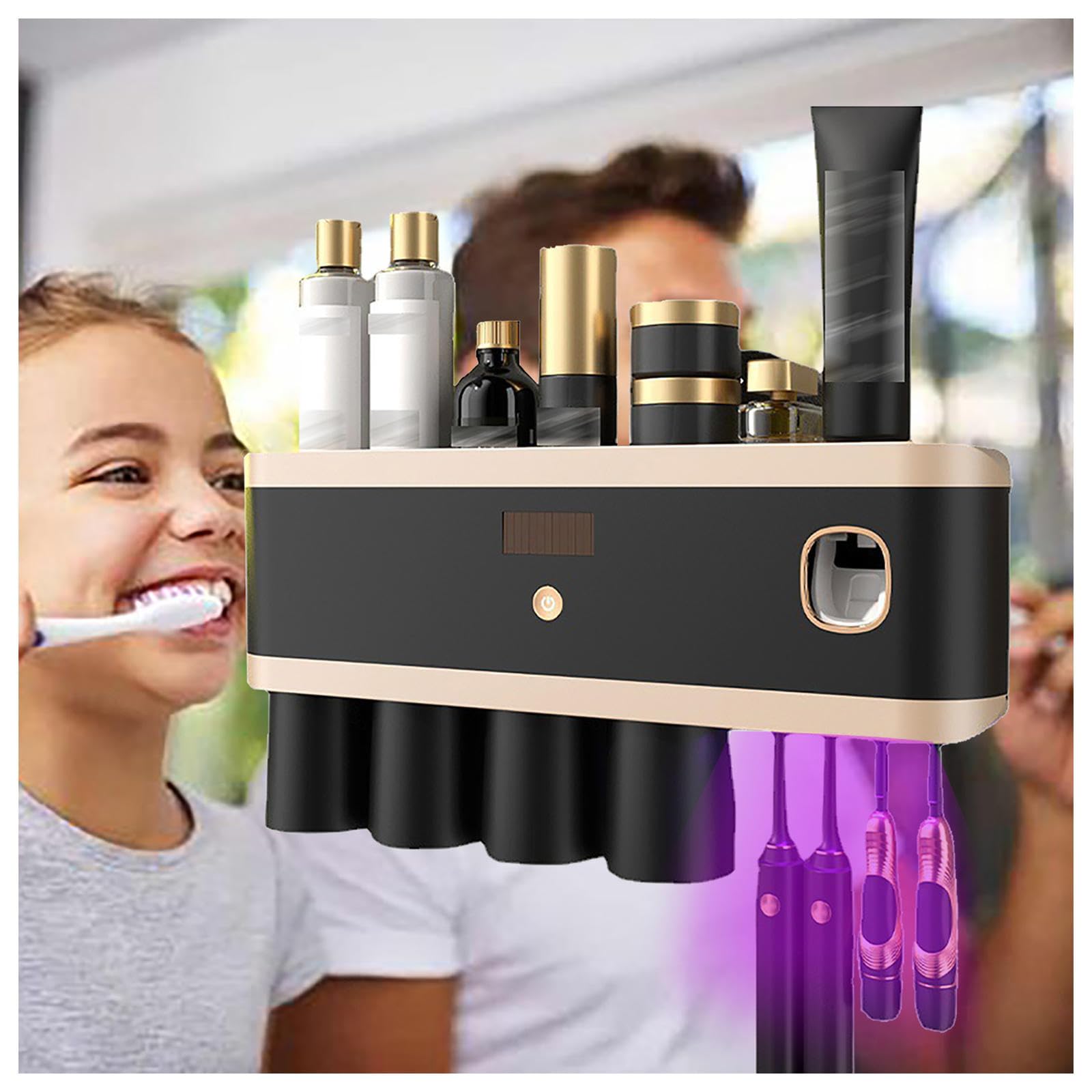 Soporte Cepillo De Dientes Inteligente Limpieza Profunda con UV, Porta Cepillo De Dientes Montado En La Pared con Múltiples Ranuras De Carga Solar USB, Organizador Cepillos De Dientes,4-Cups
