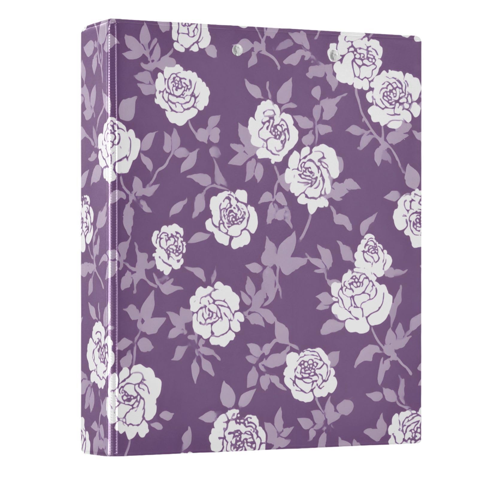 3 Ring Binder Flower Leaves Purple 1.5 inch Binders Three Ring Binders with Clipboard Fit 8.5'' x 11'' Paper 3 Interior PVC Clear Pockets for Office Supplies