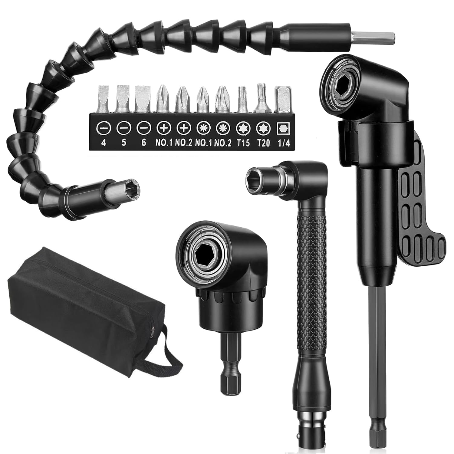 Photo 1 of 15 Pcs Flexible Drill Bit Extension Set 1/4 Inch Hex Shank Bendable Drill Bit Extension 105 Right Angle Drill 90 Right Angle Screwdriver Bits 10 Short Screwdriver Bits Electric Hand Tool