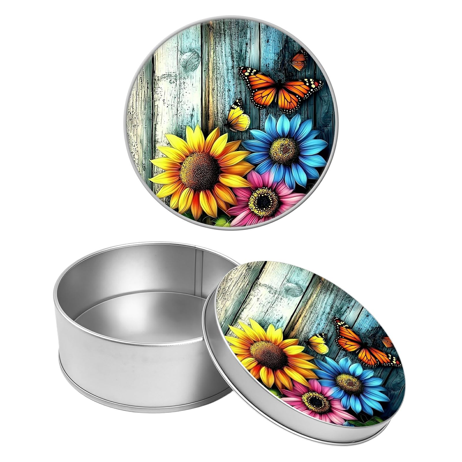 Round Metal Tin Container with Removable Lid, Sunflowers Wood Durable Metal Storage Box for Crafts Snacks Candies Office Supplies Small Items 3.54 x 1.38 inch– Single Pack