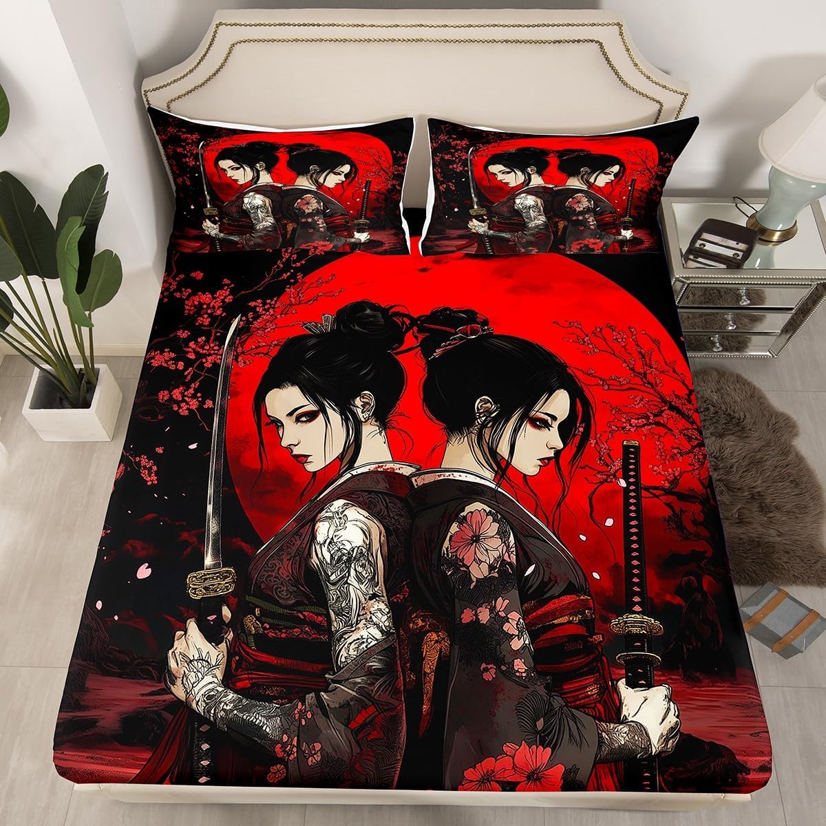 Japanese Woman Bed Sheets Twin Size,Japanese Samurai Theme Bedding Set,Vintage Ukiyoe Style Fitted Sheet for Kids Girls Boys Adult Room Decor,Exotic Traditional Red Black Top Flat Sheet 3Pcs