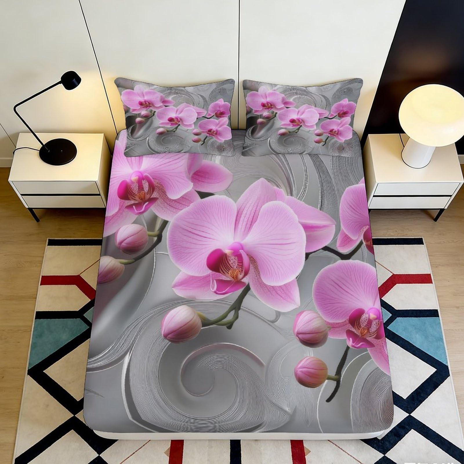 3D Printed pink orchid Fitted Sheet, soft touch Microfiber, wrinkle resistant, home decor, stylish bed cover for bedroom, guest room bedding, 118 chars 90x200x25cm