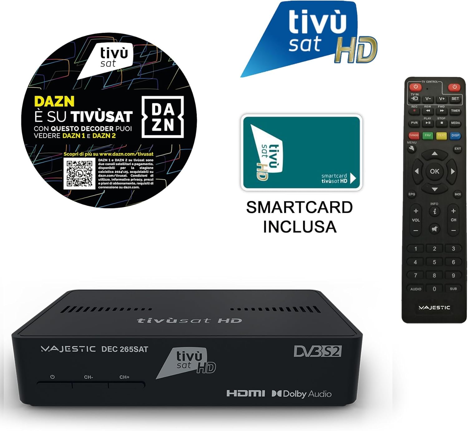 Majestic DEC 2655AT Satellite Receiver, remote control, and Tivùsat HD Smart Card.