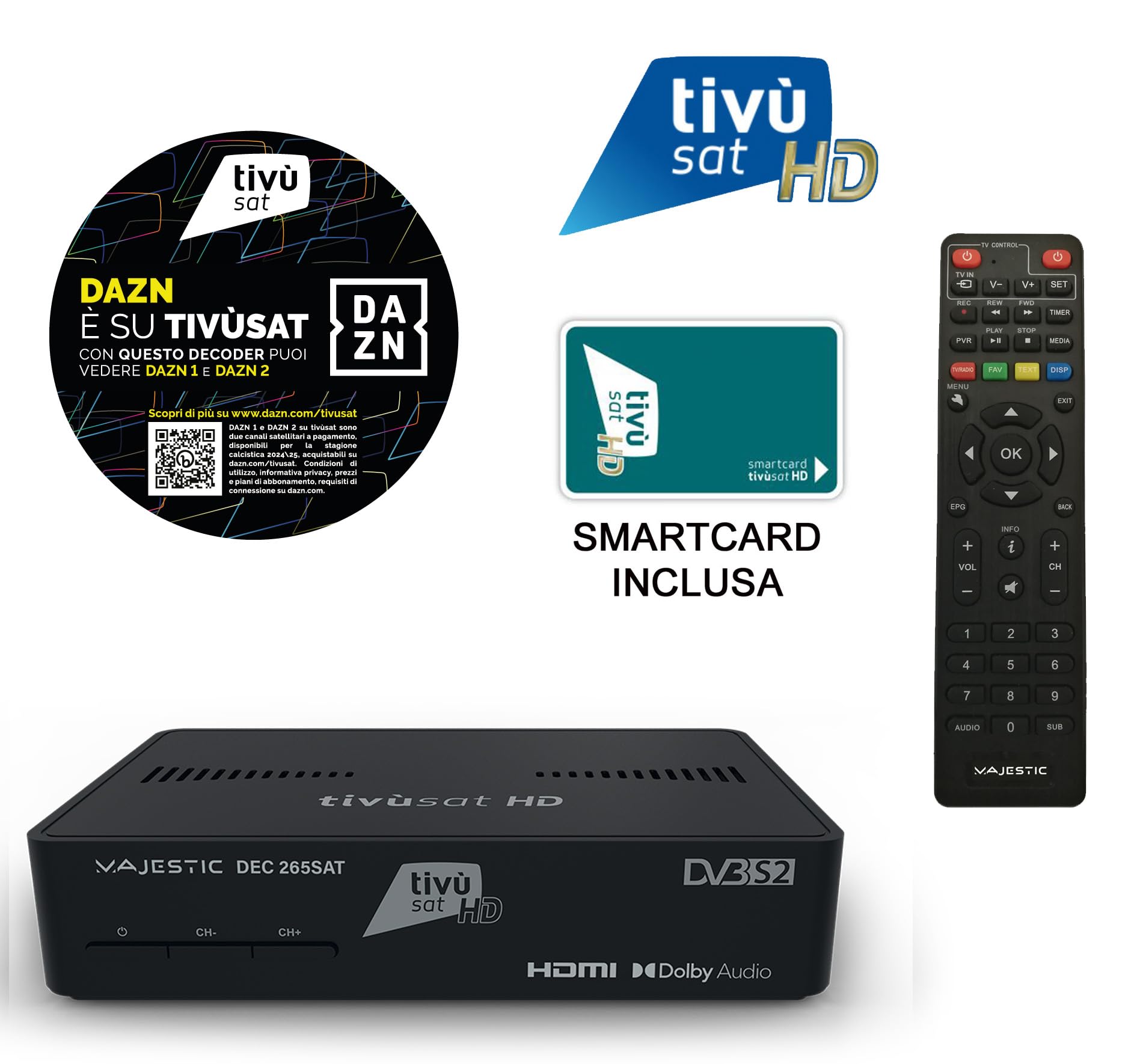 Majestic DEC 265 SAT - Decoder satellitare tivù sat, supporto HEVC MAIN 10, telecomando programmabile, smart card HD e ingresso USB