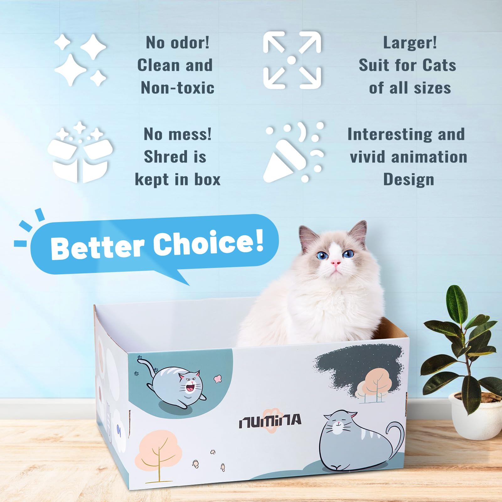 NUMINA Extra Large Cardboard Cat Scratcher Box for Indoor Cats, with Sturdy Refillable Double-Sided Cat Scratch Pad, Interesting and Cute Cat Scratch Bed with Catnip, 17