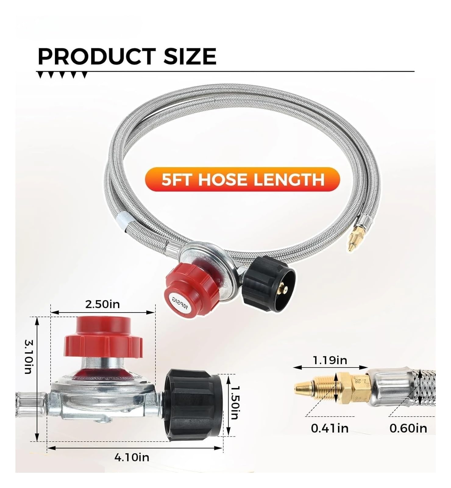 Przewód przyłączeniowy gazowy ze stali nierdzewnej, wąż z gwintem zewnętrznym 1/8", regulowany regulator wysokiego ciśnienia gazu propanowego (0-10 PSI) z wężem 1,5 m