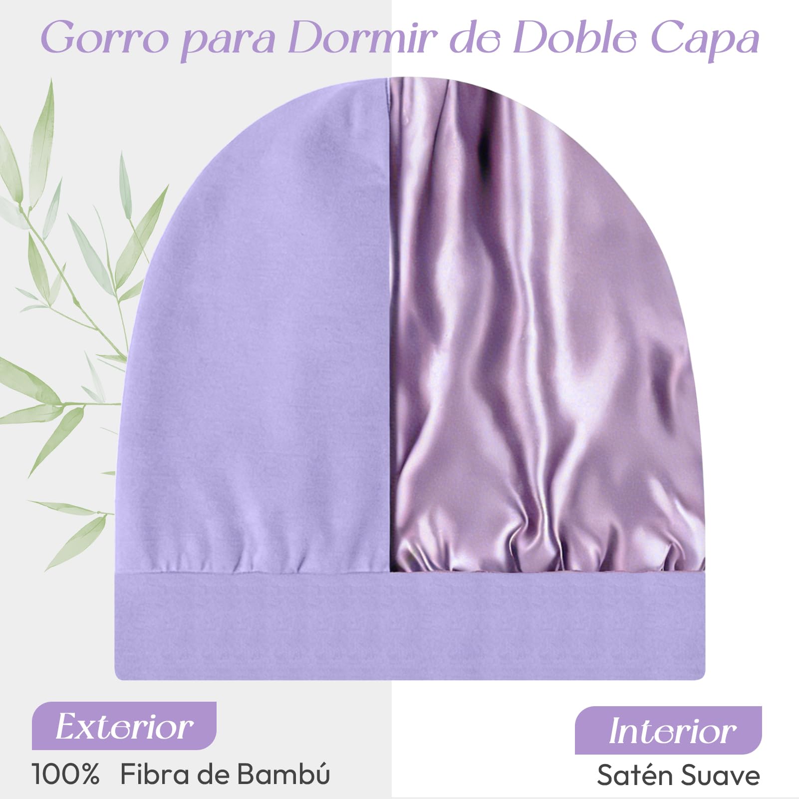 Gorro de Seda para Dormir de Fibra de Bambú, Ajustable Gorro Saten Pelo Rizado con Correas Suave Slouchy Silk Bonnet