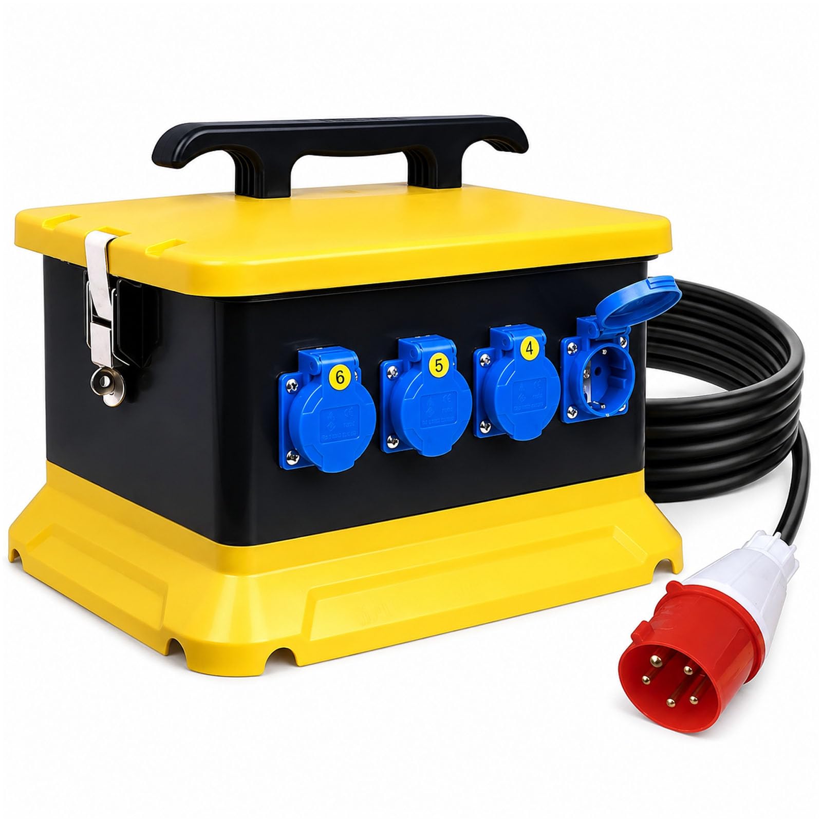 Coffret de Chantier, Coffret Electrique Etanche Exterieur Boîtier Étanche IP65 avec 3m Câble Montage Mural 4 Prises Schuko 230V 2 Prises CEE 16A 32A à 5 Broches pour Chantiers Ateliers