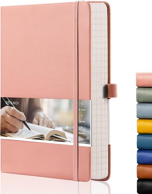 EMSHOI Dotted Notebook - 256 Pages A5 Bullet Dotted Journal, Hardcover Dot Grid Notebook, Leather Notebooks for Work, 120gsm Thick Paper,16 Perforated Pages, Inner Pocket, 21.3 X 15 cm - Pink