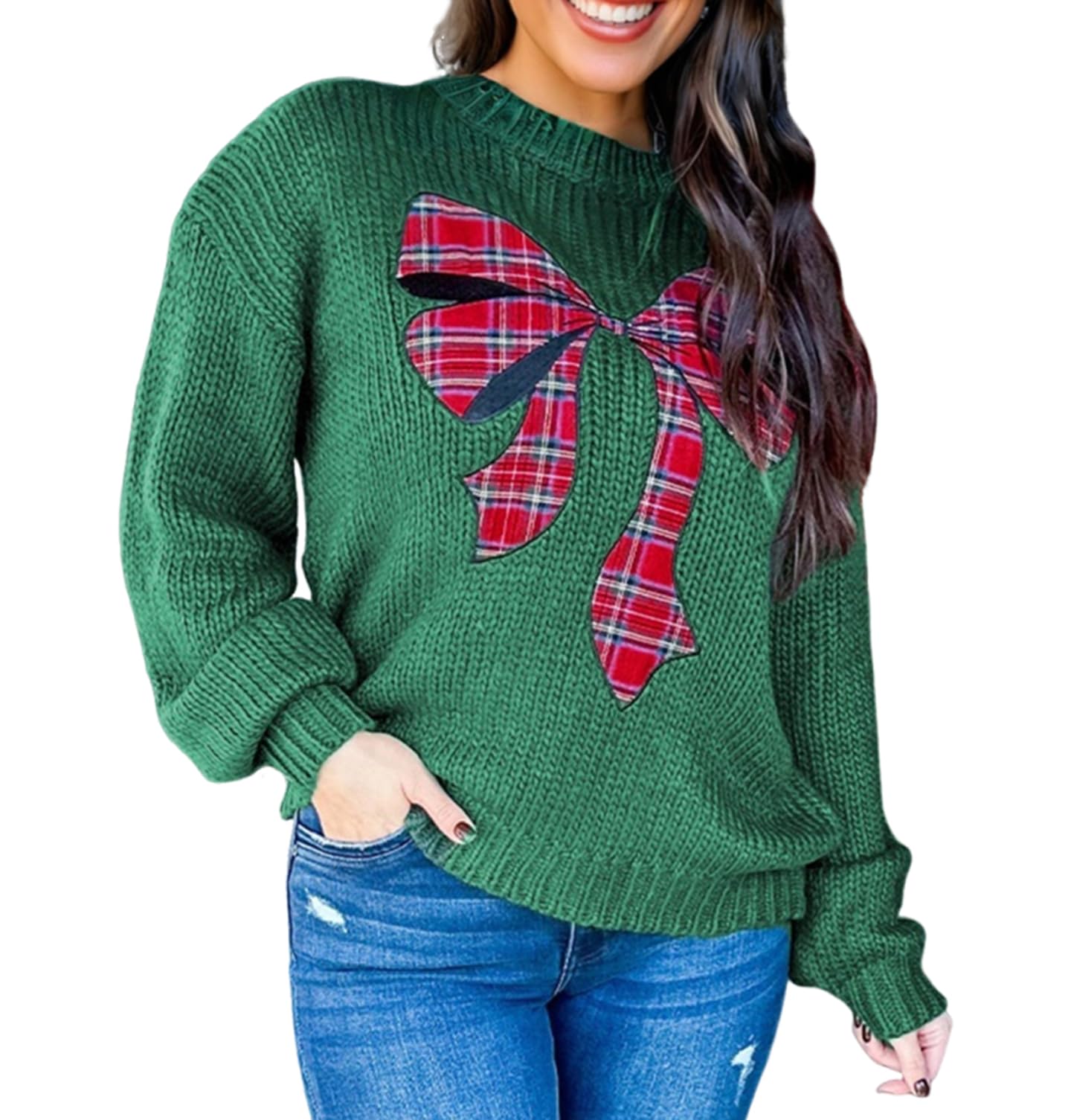 Apvirdy Graphic Christmas Sweater for Women Bow Plaid Pullover Sweaters Crewneck Long Sleeve Knit Tops Holiday Fall 2025