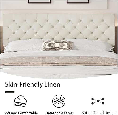 Miniatura 66 de BarnFurin Base de cama de tamaño matrimonial con cabecero, cama de plataforma tapizada con cabecera capitonada con botones ajustables, marco de cama