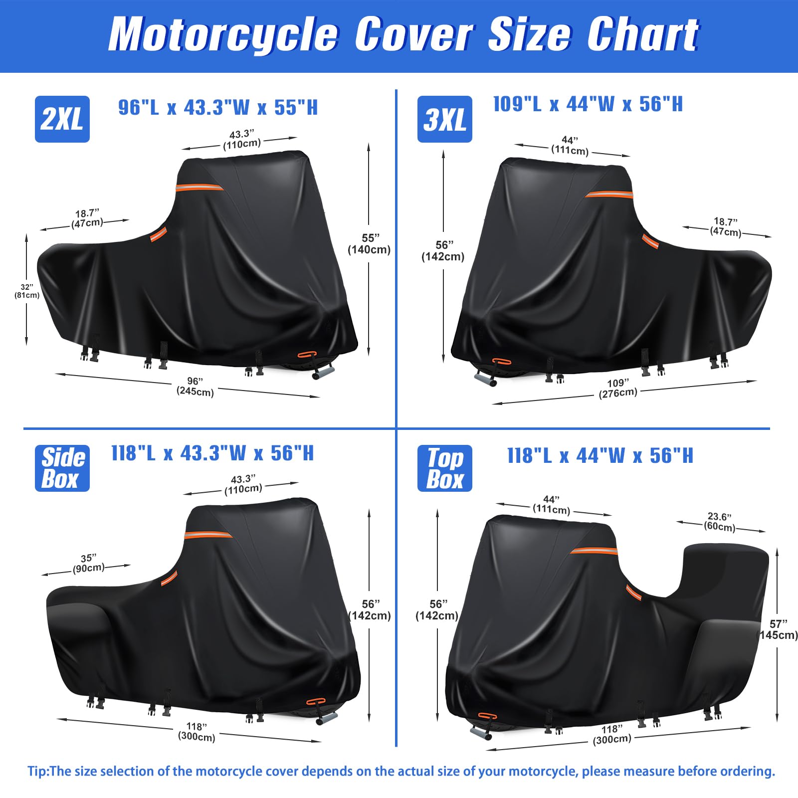 Motorzeil, waterdicht, met side topbox, 600D motorhoes, 5 reflecterende strepen, 2 openingen voor ventilatie, outdoor, voor Touring-modellen (300 x 111 x 142 cm