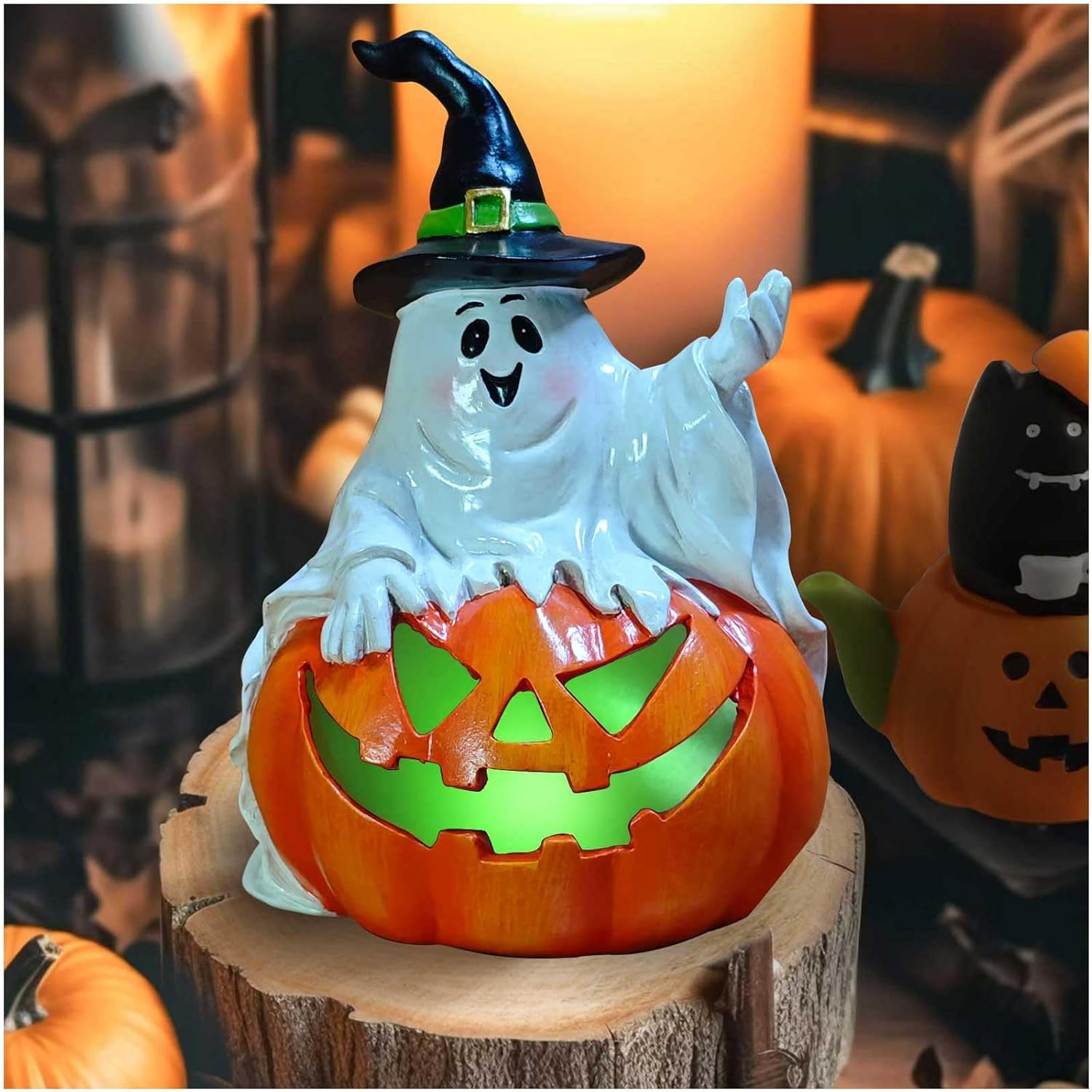 Ghost Halloween Decorations Outdoor with Solar LED Lights, Cute Spooky Ghost Jack-O-Lantern Pumpkin Figurines, Color Changing Halloween Decor Outside for Yard Porch Garden Lawn Party