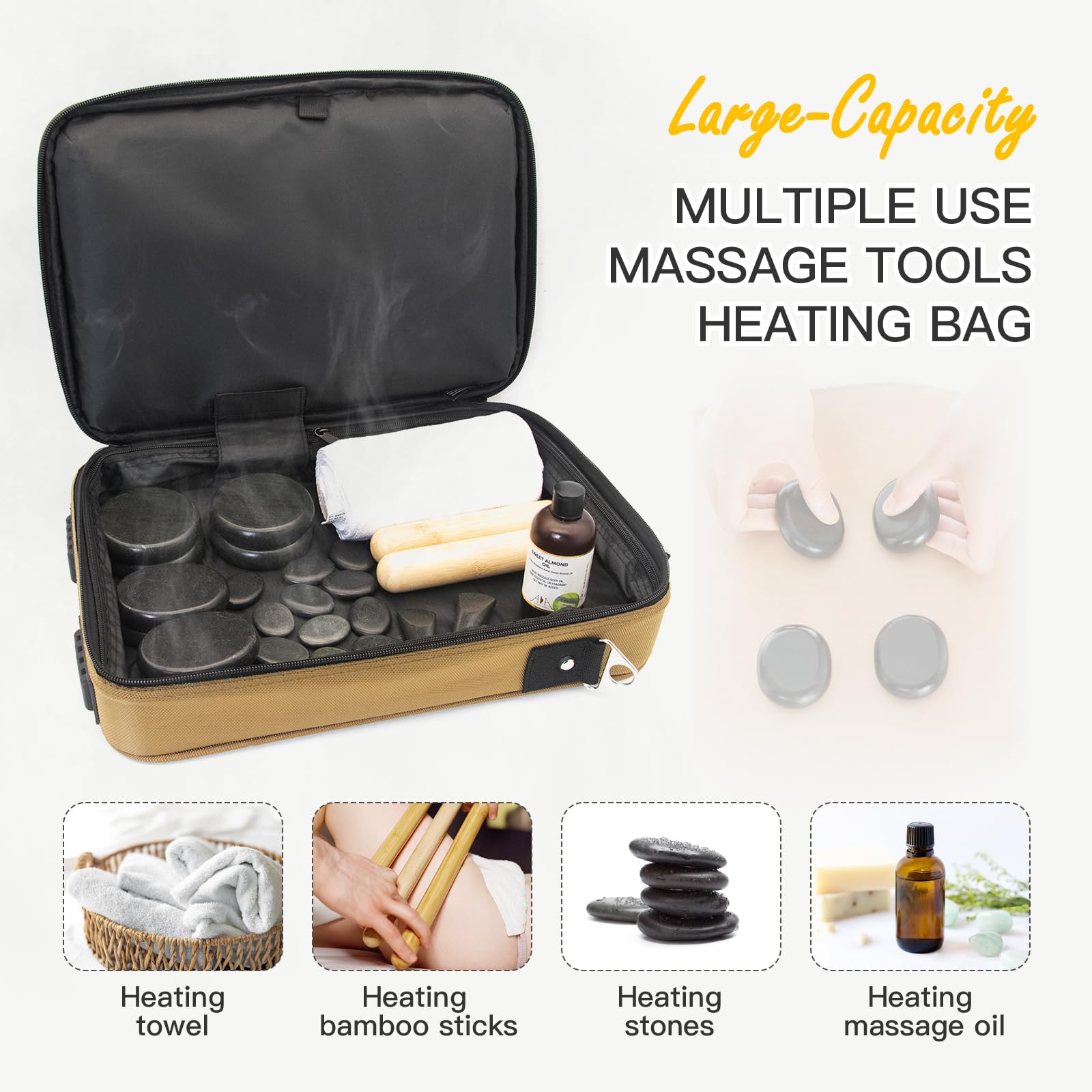 Tragbares Massagestein-Wärmer-Set, Temperaturkontrolle, Heizungsmassagegerät, Reisetasche mit Auto-Adapter für professionelles/Heim-Spa (braun)