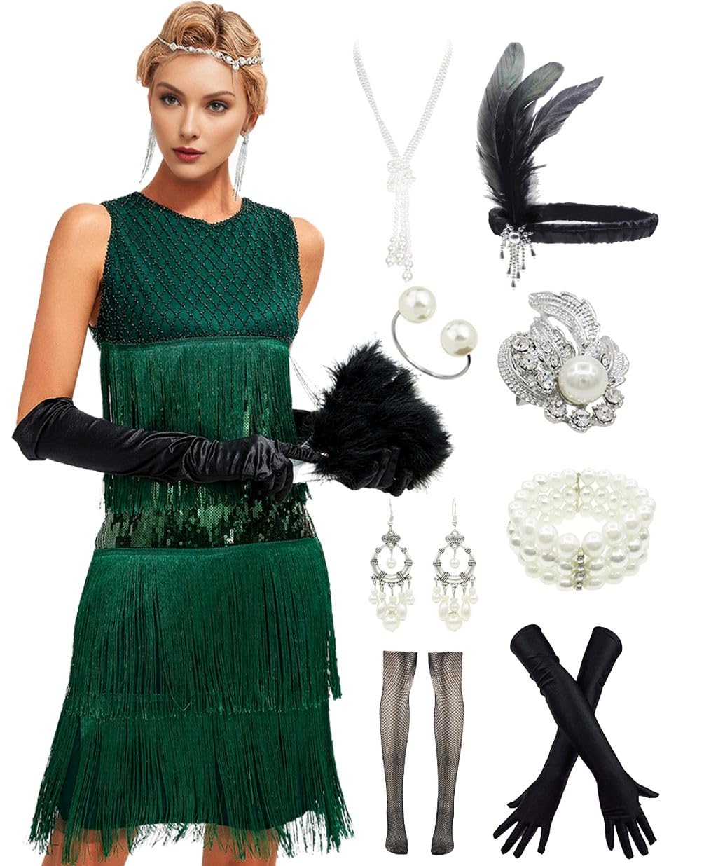 1920s Vintage Inspired Sequin Embellished Fringe Gatsby Flapper Tassel Dress w/ 20s Accessories Set