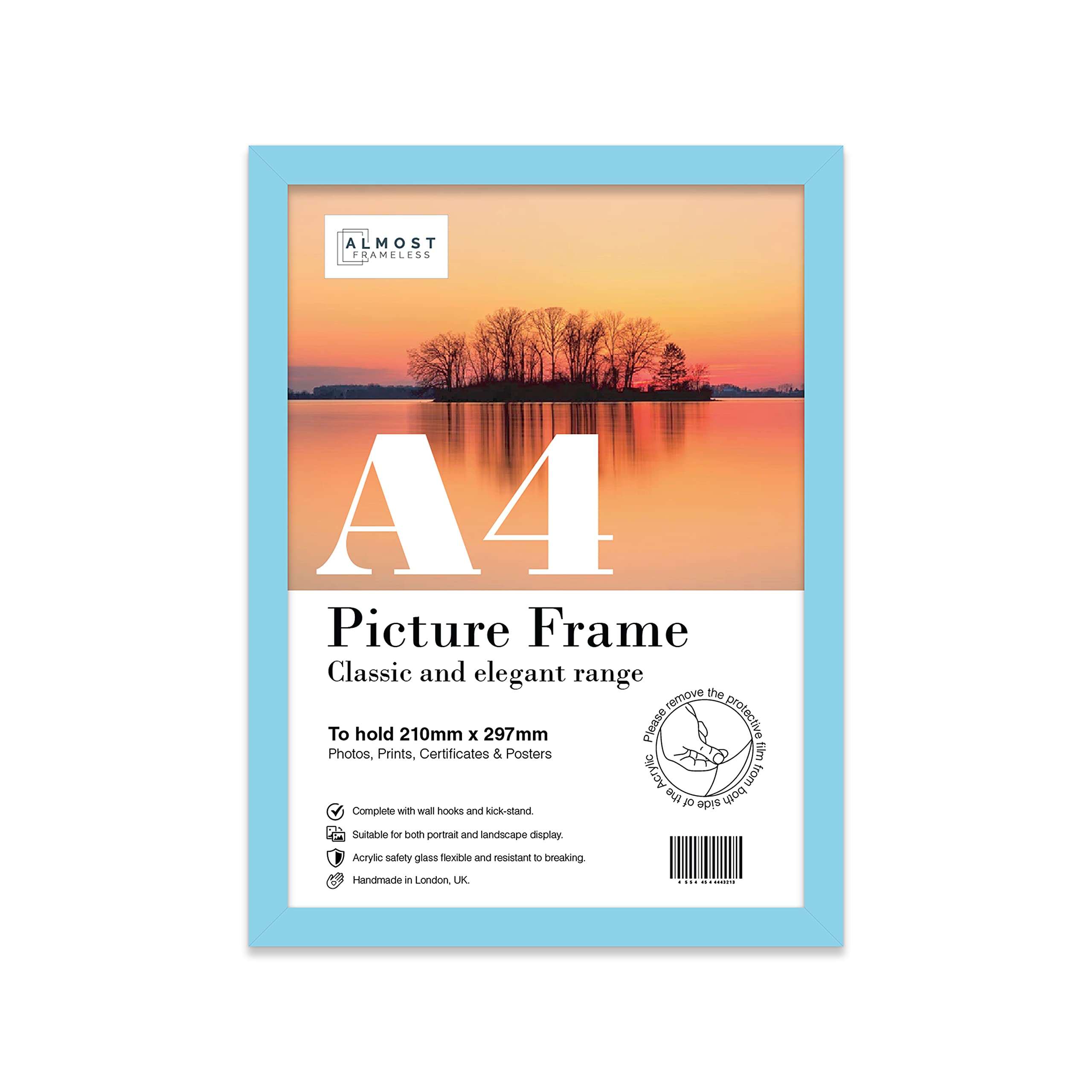 A4 Light Blue Picture Frame, Fits A4 (21 x 29.7cm - 8.3 x 11.7in) Poster, Photo, or Print. Portrait and Horizontal Wall Hooks/Kickstand Wall Art Display