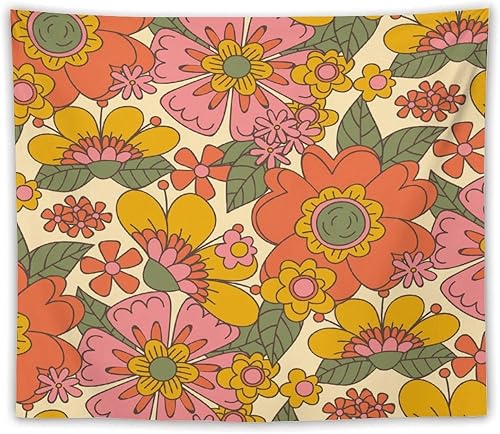 Tapiz floral retro de los años 60 y 70, diseño hippie de primavera Groovy Flower Power Flower Boho para colgar en la pared, arte neutro para