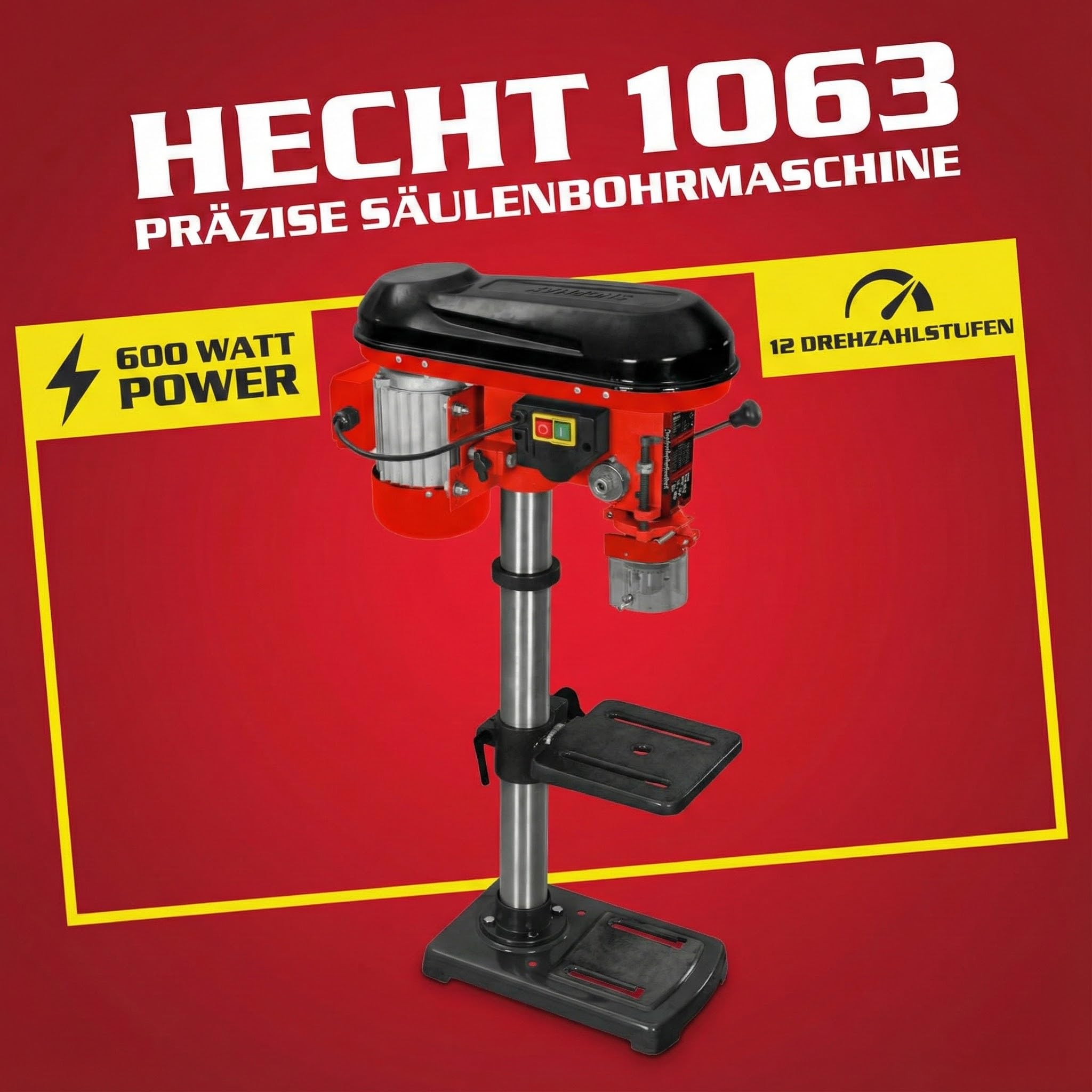 Hecht Profi Standbohrmaschine mit starken 600 Watt – 12-stufige Drehzahlregelung, schwenkbar- und höhenverstellbarer Bohr-tisch – Späneschutz - Praktische Säulenbohrmaschine, Tischbohrmaschine