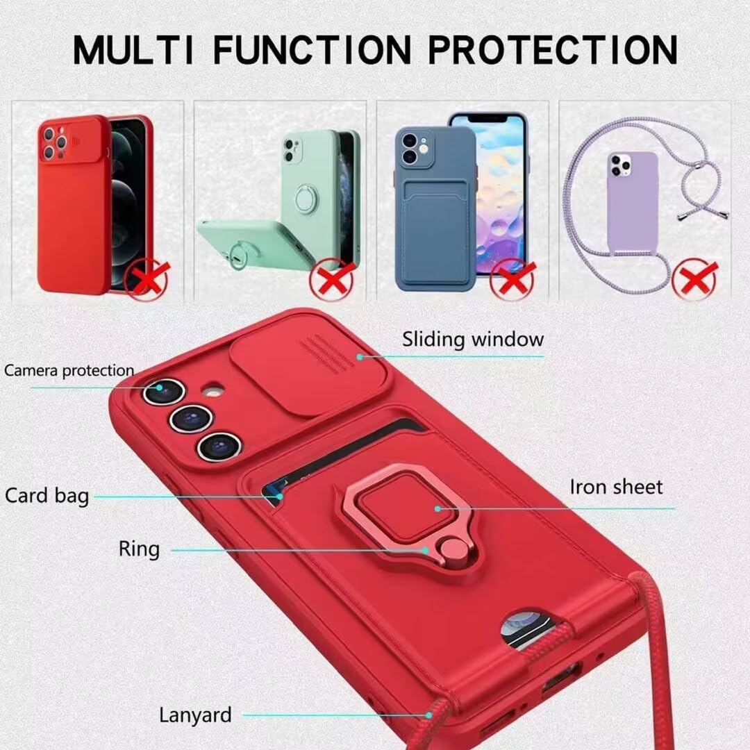 Cover Compatibile con Xiaomi Redmi 10A /9C con Cordino,Custodia con Cordino Silicone Cover,Protezione Fotocamera,360°Anello Supporto,Porta Carte,Rosso - 3