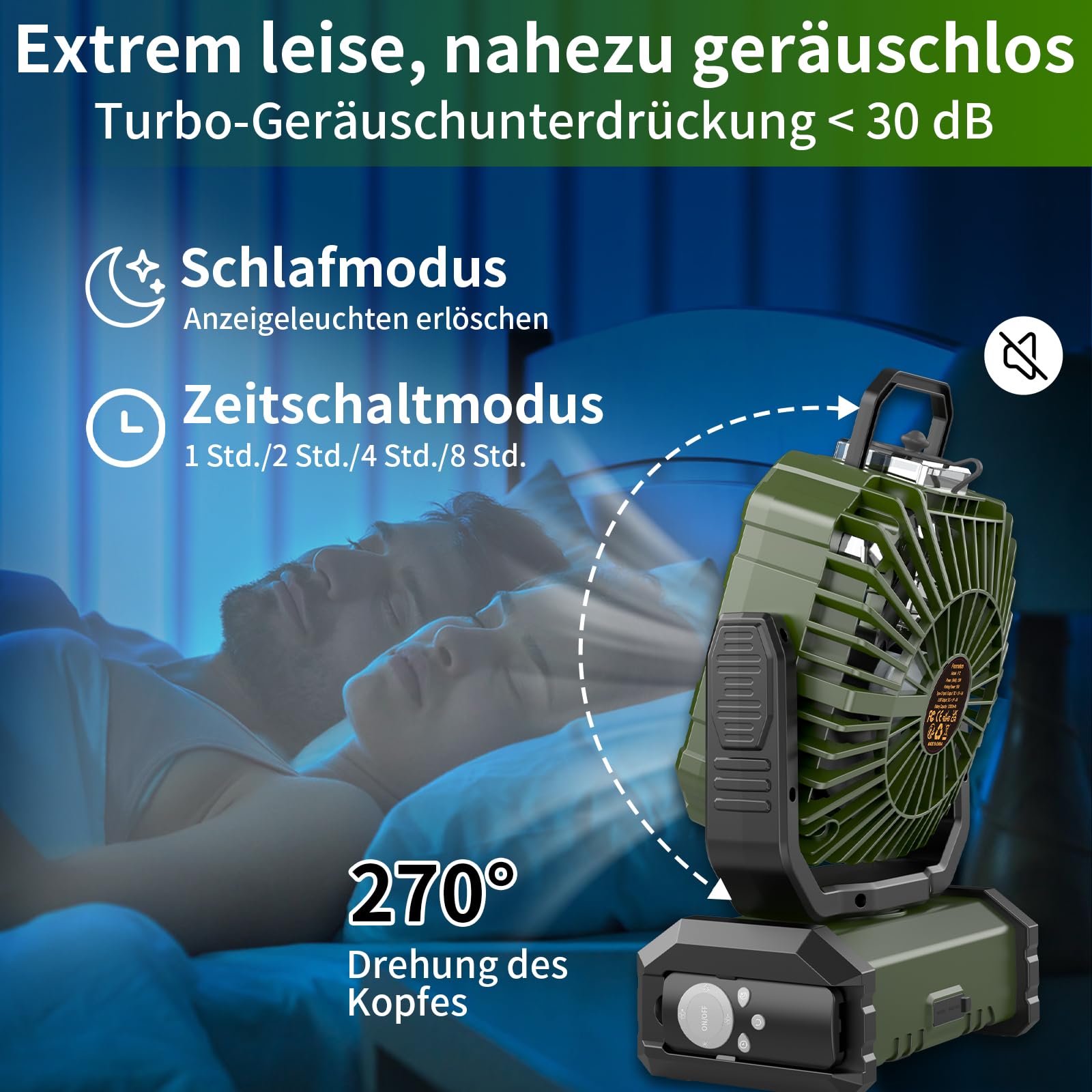 Ventilator Camping mit Sprühnebel, Akku Ventilator 20000mAh mit LED Licht, Haken, 270° Drehung, Tragbarer V-entilator für Outdoor-Enthusiasten beim Camping und Grillen - Grün