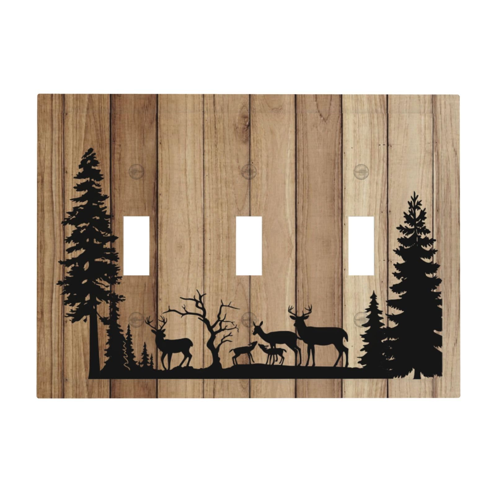 Rustic Deer Forest Pine Tree Brown Wood 3 Gang Light Switch Cover Plate Decorative Triple Toggle Wall Plate Electrical Faceplate Switchplate for