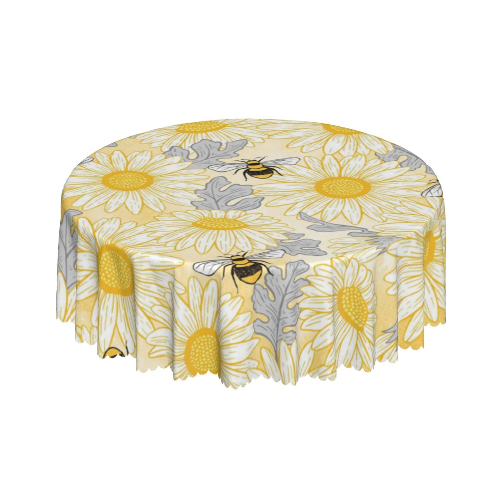 Lsjuee Bee Floral Yellow Round Tablecloth 60 Inch Printed Washable Tablecloth for Dining Party Holiday Fall Home Decorative