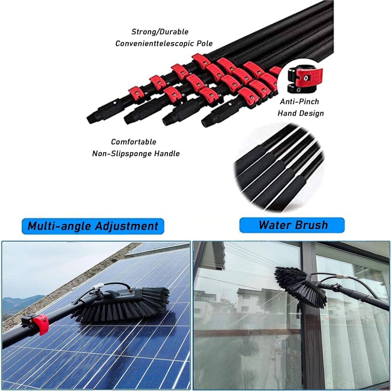 Varita telescópica de limpieza de ventanas alimentada por agua, poste de 12 m con cepillo de 35 cm para panel solar, techo y kit de limpieza de ventanas